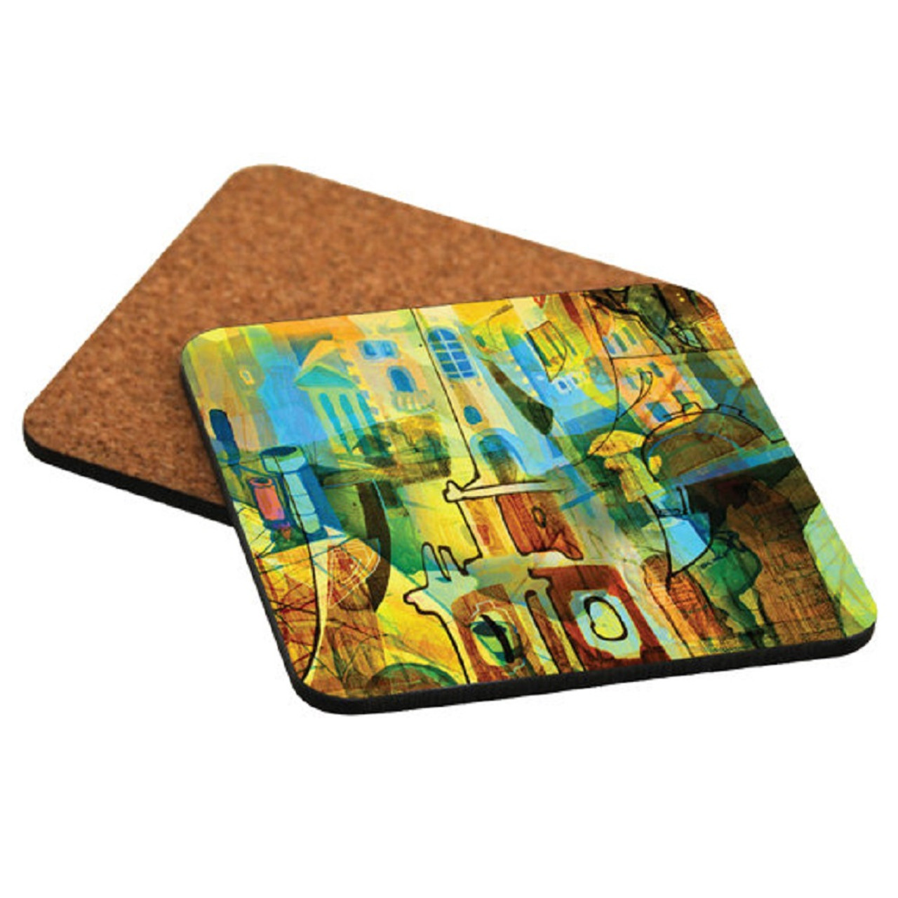 Cork coasters printed with a colorful architectural motif that looks like a watercolor painting.