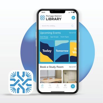 Portage District Library logo and image of a mobile phone with library's app on the screen.